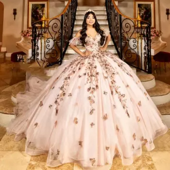 Блестящее Розовое Бальное платье, платья для Quinceanera, с открытыми плечами, с золотой аппликацией, бантом и бусинами, милые платья 15 дюймов со шнуровкой