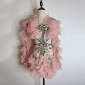 Блестящее розовое платье с рукавами-фонариками, женский наряд для празднования дня рождения, вечеринки, бара, ночного клуба, костюмы Drag Queen DN14739