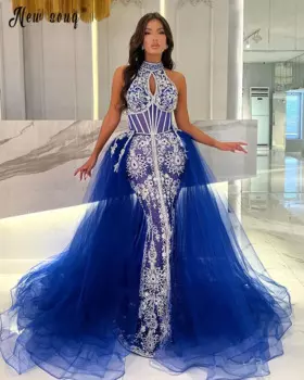 Блестящее Серебряное платье с камнями, официальное вечернее платье со съемным шлейфом, арабское платье 2 в 1 без рукавов, длинное свадебное платье-Русалка