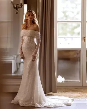 Блестящее вечернее платье-Русалка с длинным рукавом, открытыми плечами и вырезом сердечком, сексуальное платье для выпускного, женское платье из искусственной кожи со шлейфом