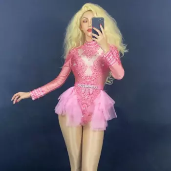 Блестящее Женское боди с длинным рукавом, розового цвета