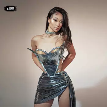 Блестящие Серебристые блестки бриллиантовые платья для взрослых женщин сексуальное вечернее платье для сцены день рождения DS Клубные костюмы drag queen костюмы