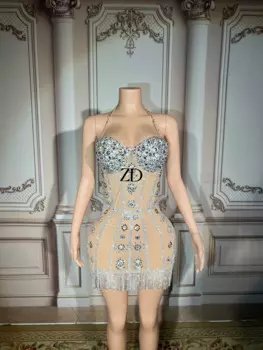 Блестящие Серебряные Кристаллы Прозрачное платье стразы комплект с цепями костюм День рождения Празднование сексуальной сцены