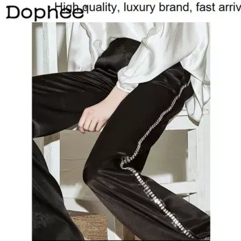 Блестящие широкие женские брюки из ледяного шелка с бусинами для тяжелой промышленности, лето 2023, тонкие повседневные Черные длинные брюки с высокой талией