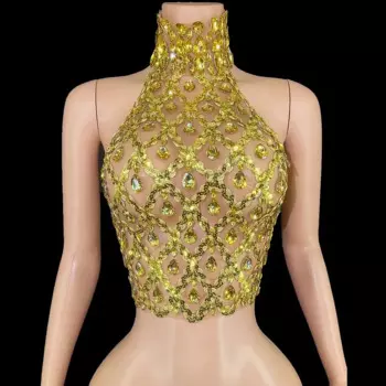 Блестящие Золотые кристаллы, бандажный кроп-топ с открытой спиной, женский сексуальный сетчатый прозрачный вечерний костюм для выпускного вечера, яркий костюм на день рождения