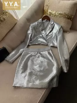 Блестящий серебристый костюм с блестками для выступлений, женский укороченный пиджак, мини-юбка с запахом, комплект из двух предметов, облегающий сексуальный костюм для ночного клуба, женский костюм