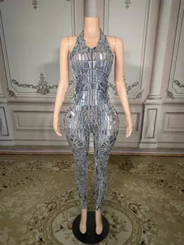Блестящий сетчатый прозрачный комбинезон с зеркалом, женский сексуальный костюм с открытой спиной для ночного клуба, вечеринки, дня рождения, костюм певицы, танцора, представлений