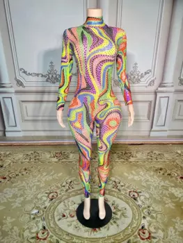 Блестящий Яркий Женский стрейчевый комбинезон для вечеринки, дня рождения, празднования боди, наряд, платье с кристаллами, сценический сексуальный костюм liuli