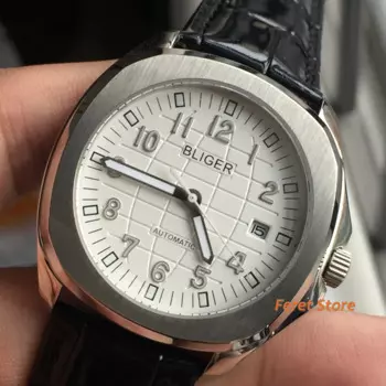 Bliger 40 мм автоматические механические Для мужчин часы роскошные часы с белым циферблатом, квадратный футляр для часов с кожаным ремешком, двигаться Для мужчин t светящиеся наручные часы Для мужчин