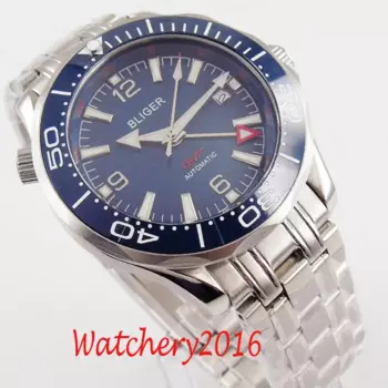 BLIGER 41 мм синий циферблат керамический вращающийся Безель GMT сапфировый Кристалл Авто Дата светящиеся мужские часы автоматическое перемещение мужские часы t