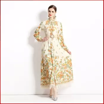 Ближневосточная Ренессансная ретро-принт с кисточками на талии и воротником с длинными рукавами и поясом, арабское свободное платье