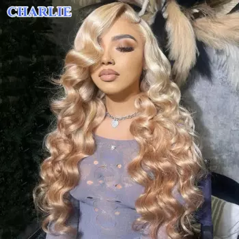 Блондинка Коричневый Ombre Синтетические Волосы 13x4Прозрачный Парик Фронта Шнурка Предварительно Сорванный Парик Свободные Волны Парик Фронта Шнурка Синтетический для Женщин