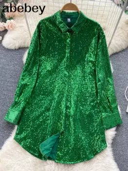 Блузка с блестками, рубашки с длинным рукавом, топ на пуговицах, рубашка Y2K, винтажная Женская одежда, блестящий топ для клувечерние, женская рубашка с воротником