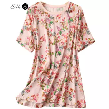 Блузка женская из шелка тутового шелкопряда, рубашка свободного покроя с круглым вырезом, простой выразительный принт, универсальная шелковая футболка с коротким рукавом, на лето