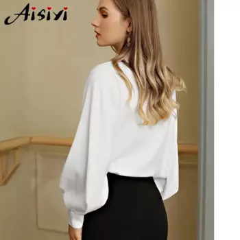 Блузка женская с пушистым рукавом, элегантная синяя рубашка в стиле оверсайз, топы с длинным рукавом, Блузка цвета хаки, офисная одежда