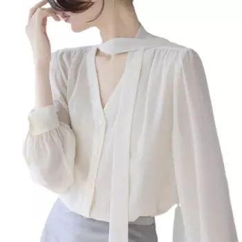 Блузка женская шифоновая с бантом, V-образным вырезом