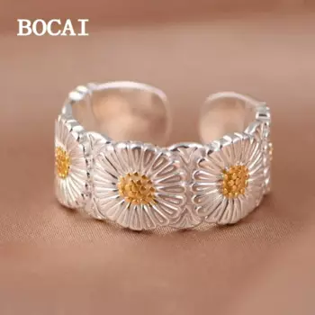 BOCAI Новинка S925 Серебряное персонализированное модное Золотое цветочное широкое кольцо с маргариткой женский подарок