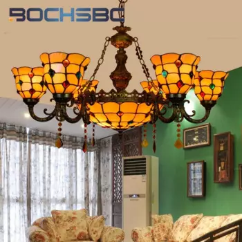 BOCHSBC витражные бусины в винтажном стиле Тиффани, многоголовочный Хрустальный подвесной светильник для гостиной, столовой, бара, Декор