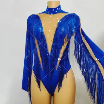 Боди женское с синими блестками и бахромой