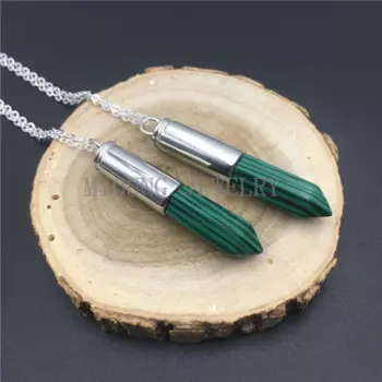 Богемное ожерелье MY0823 с подвеской в форме колонны малахита с большой серебряной крышкой и цепочкой