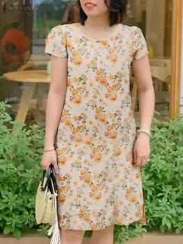 Богемное Платье с принтом, Летние Элегантные повседневные праздничные платья ZANZEA, Женский вечерний сарафан с круглым вырезом и коротким рукавом, женское платье