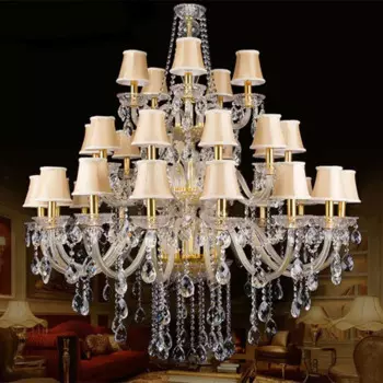 Большой 30 руки Золотая люстра с украшением в виде кристаллов кулон Висячие светильник дома светодиодные лампы в форме свечи люстры Ткань абажур настольной лампы светодиодные люстры отель светильник люстра подвесные