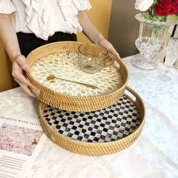 Большой креативный поднос для хранения из ротанга ручной работы, искусственная кожа, роскошная круглая тарелка, украшение для дома, гостиной, Органайзер