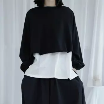 Большой осенний индивидуальный дизайн в стиле пэчворк черно-белый контрастный топ из двух частей модный мужской свободный пуловер с круглым вырезом