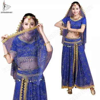 Болливуд набор костюма для танца живота Индийский танец сари танцы живота юбка костюм женщин шифон 5 шт. (головные уборы вуаль Топ Пояс юбка)