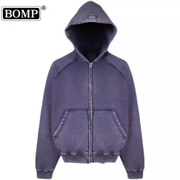 [BOMP] фиолетовый потертый свитшот на молнии с капюшоном, американский кардиган, куртка