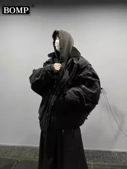 [bomp] Осенняя куртка в стиле джимо в Париж, черная потертая винтажная толстовка с капюшоном на молнии, хлопковое пальто, мужское пальто с меховым воротником