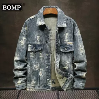 [BOMP] Высокое качество, осенне-зимняя новая американская мода, свободная повседневная мужская джинсовая куртка больших размеров