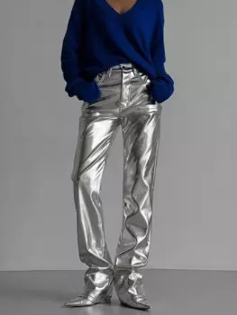 Bornladies новые осенне-зимние серебряные брюки из искусственной кожи, модные блестящие брюки с высокой талией, шикарные прямые брюки для женщин