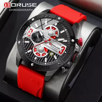 BORUSE Спортивные кварцевые красные часы для мужчин Роскошные наручные часы с хронографом Водонепроницаемые повседневные часы Montre Homme