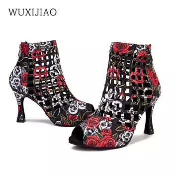 Ботильоны женские, атласные, с розами, вырезами, на каблуке 7,5 см