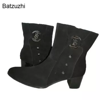 Ботинки Batzuzhi мужские ручной работы, натуральная кожа, каблук 7 см, черные рыцарские сапоги для вечерние ринки/свадьбы! Большие размеры 38–46