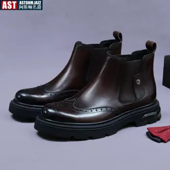 Ботинки Челси мужские в английском стиле, модные трендовые коричневые черные кожаные ботинки с резьбой в ретро стиле, теплые деловые ботильоны с высоким берцем