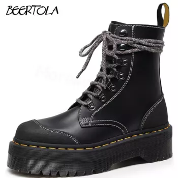 Ботинки женские на шнуровке, толстая подошва, двойная белая строчка, ботинки на молнии, на шнуровке, модные ботинки на шнуровке, большие размеры