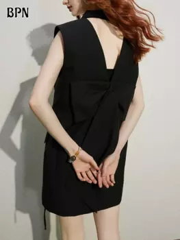 BPN элегантные лоскутные платья с бантом для женщин с отложным воротником с длинным рукавом с высокой талией с открытой спиной модное платье Женская одежда Новинка