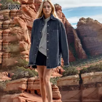 BPN винтажные повседневные джинсовые пальто с блестками для женщин, повседневная куртка с лацканами и длинными рукавами в стиле пэчворк и карманами, женская модная стильная куртка