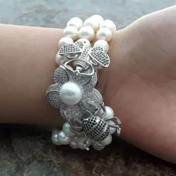 Браслет из циркония, 3 нити, белый пресноводный жемчуг