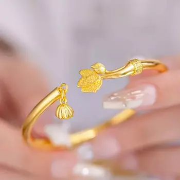 Браслет-подвеска из настоящего золота 9999 24 карата с лотосом и лотосом, глянцевый женский браслет из золота с двумя мирами