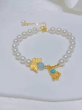 Браслет ручной работы из чистого золота с натуральным жемчугом 999 для подруги, подарок на день рождения матери, браслет из чистого золота с натуральным жемчугом