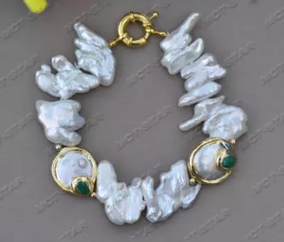 Браслет Z11663 с жемчугом в стиле барокко и белой Нефритовой монеткой 8 дюймов 22 мм