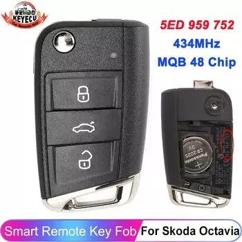 Брелок KEYECU 5E0959752 для Skoda Octavia 2014, 2015, 2016, 2017, без ключа, 5E0, 959, 752, 434 МГц, дистанционный брелок без ключа, 5ED959752