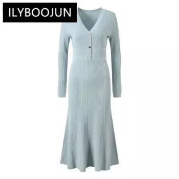 Брендовое винтажное осеннее женское платье во французском стиле с v-образным вырезом и длинными рукавами, женское вязаное облегающее платье макси-русалка с расклешенным подолом