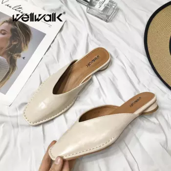 Брендовые дизайнерские домашние тапочки Wellwalk, женская обувь с квадратным носком, женские мюли, летние шитые лоферы с открытой спиной для офиса