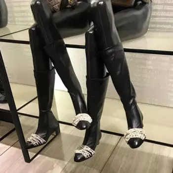 Брендовые дизайнерские женские сапоги, черные рыцарские сапоги на среднем каблуке, осенне-зимняя обувь с бусинами, женские сапоги до колена, женские зимние сапоги 2019