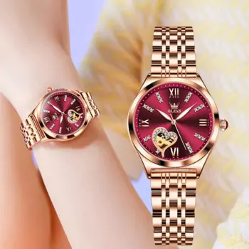 Брендовые Роскошные модные автоматические механические часы OLEVS с красным циферблатом для женщин, водонепроницаемые стальные женские часы, женские часы