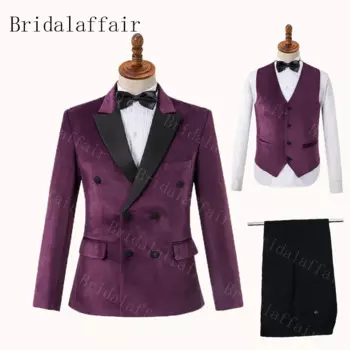 Bridalaffair, мужские зимние фиолетовые Бархатные костюмы, Свадебный костюм для смокинга, мужской костюм, Стандартный крой (пиджак + брюки + жилет)